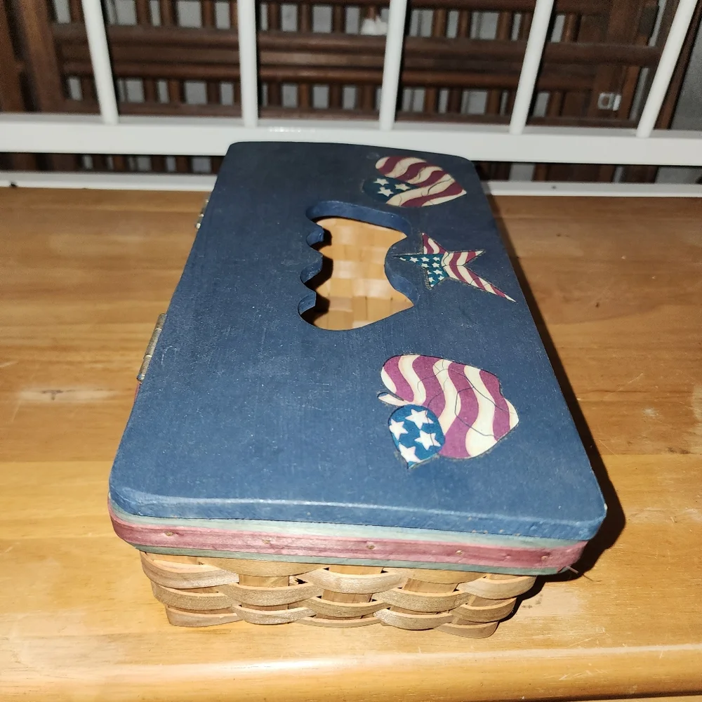 Tissue box Basket holder red, white & blue motif on top. Great shape as shown.